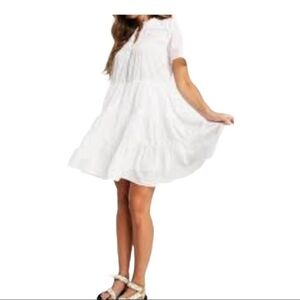 KENSIE BUTTON DOWN PLEATED TIERED FLOWY WHITE BABYDOLL DRESS